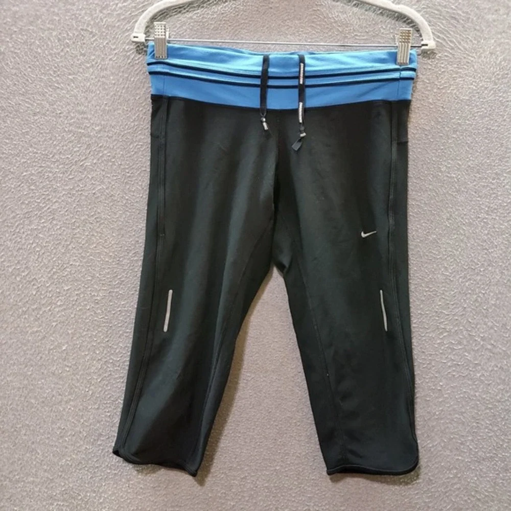 Nike Women Activewear Pants Medium Black Capri Running Dri-Fit Swoosh 16